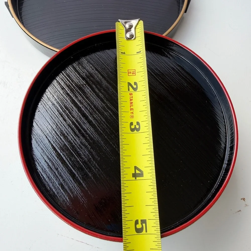Set of 6 Vintage Japanese Style Black Lacquerware Round Serving Trays B-9
